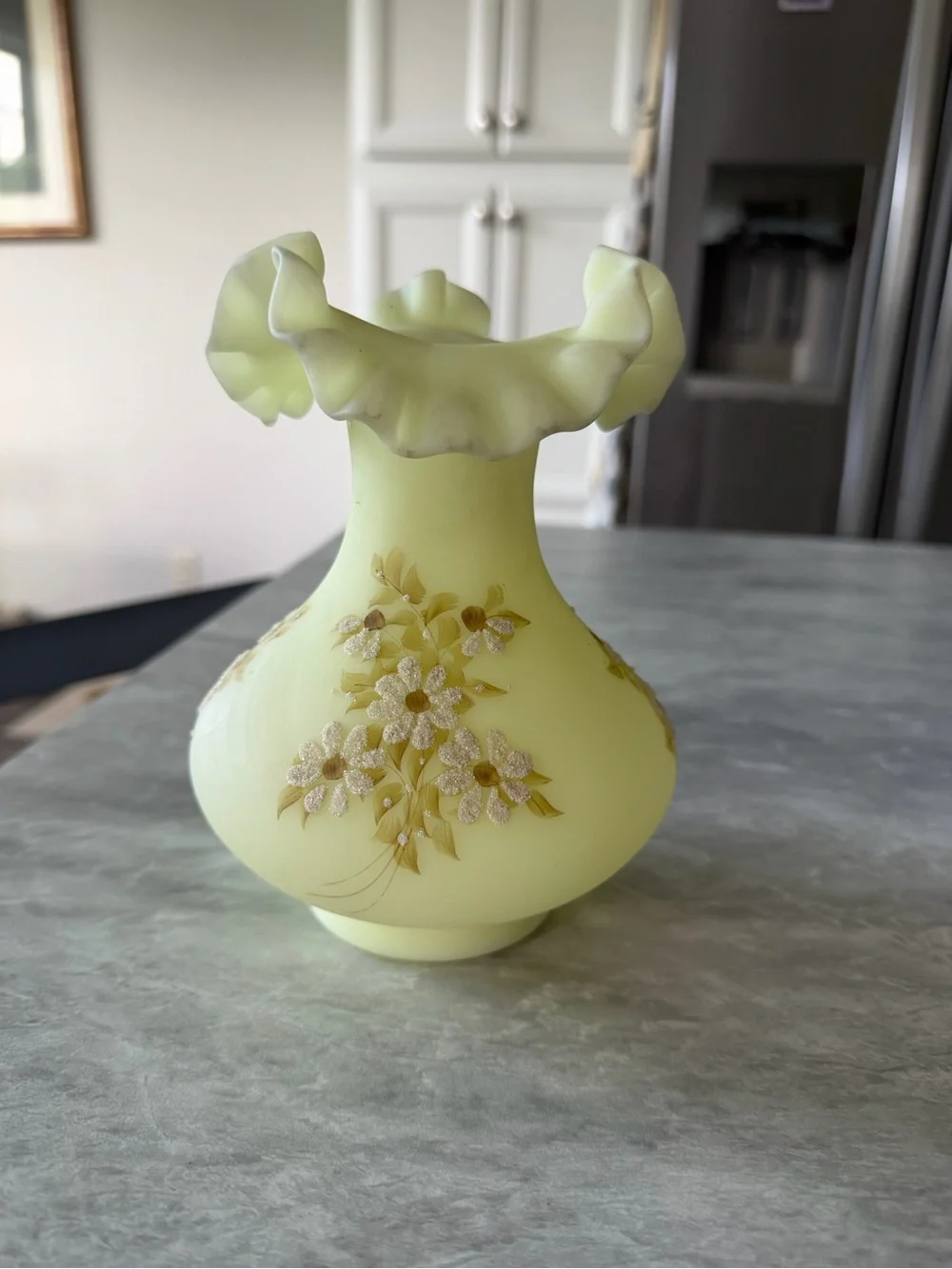 FENTON Yellow Satin Vaseline Custard Glass Vase Daisy Signed  C.Mackey 7
